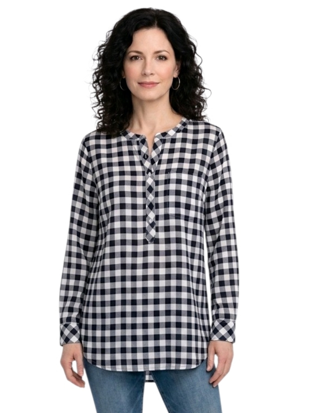 Talbots Navy Blue Plaid Button Neck Long Sleeve Popover Tunic Shirt Size M